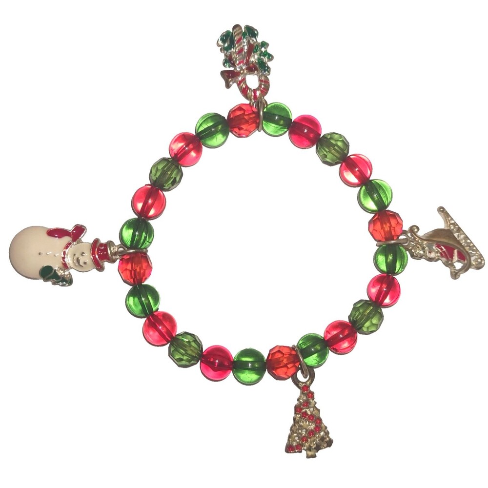 Silver, Red, Green Beaded Stretch Holiday Charm Bracelet, Free Shipping